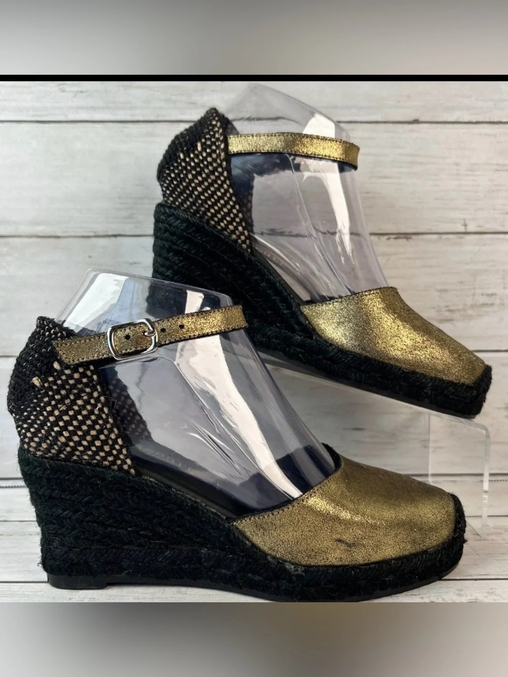 Paseart Espadrille Sandals Womens 5.5-6/36 Metallic Gold Leather Wedge Heel Shoe